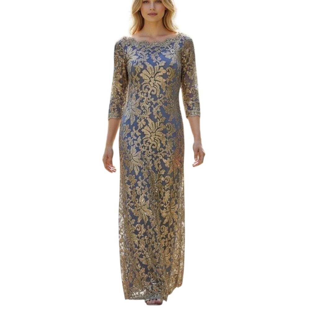Tadashi Shoji Navy Gold Sequin Maxi Dress Sz6 Metallic Lace Overlay Formal Gown